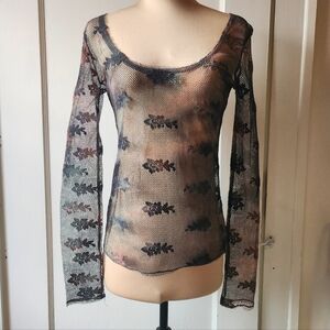 Free People Floral Mesh Fishnet Layering Top Green Mauve Tie Dye